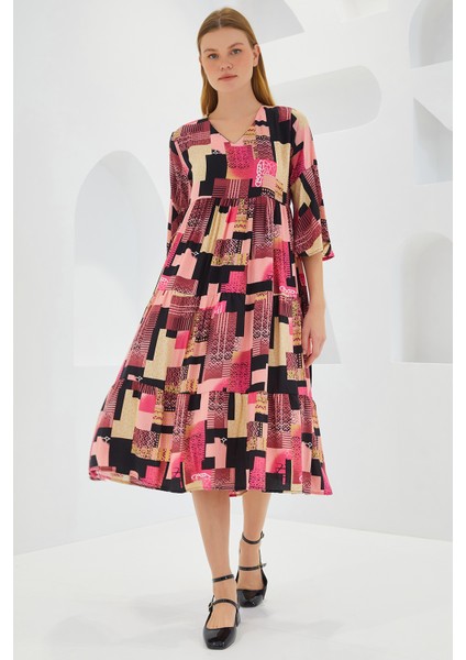 Kadın Fuşya Siyah Desenli Kısa Kol Viskon Elbise 1959 modelleri