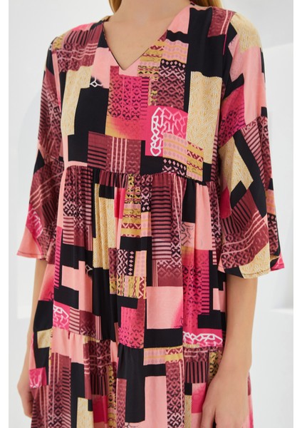 Kadın Fuşya Siyah Desenli Kısa Kol Viskon Elbise 1959 indirimleri