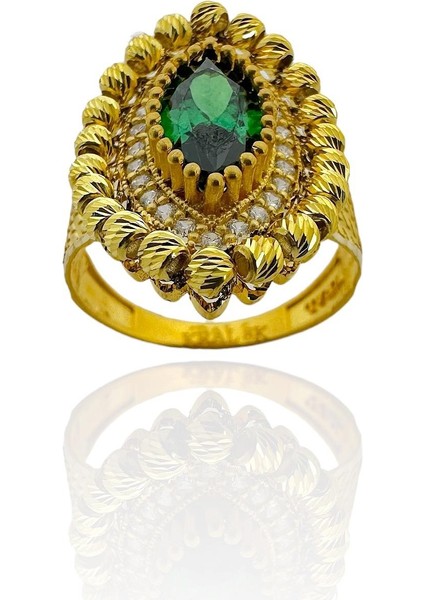 Zümrüt Taşlı Dorika Mekik 8 Ayar Altın Yüzük