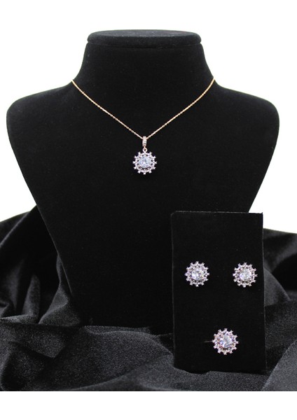 925 Ayar Gümüş Elmas Montür Zirkon Taşlı Kolye Küpe Yüzük Takı Seti