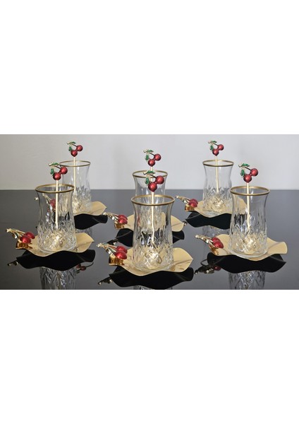 Kirazlı Çay Seti 18 Parça Kiraz Tabak ve Kaşık Özel Kaplama