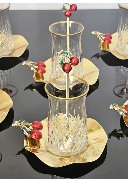 Kirazlı Çay Seti 18 Parça Kiraz Tabak ve Kaşık Özel Kaplama fiyatları