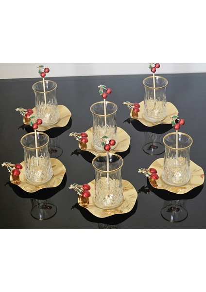 Kirazlı Çay Seti 18 Parça Kiraz Tabak ve Kaşık Özel Kaplama modelleri