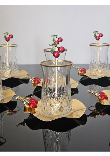 Kirazlı Çay Seti 18 Parça Kiraz Tabak ve Kaşık Özel Kaplama fırsatları