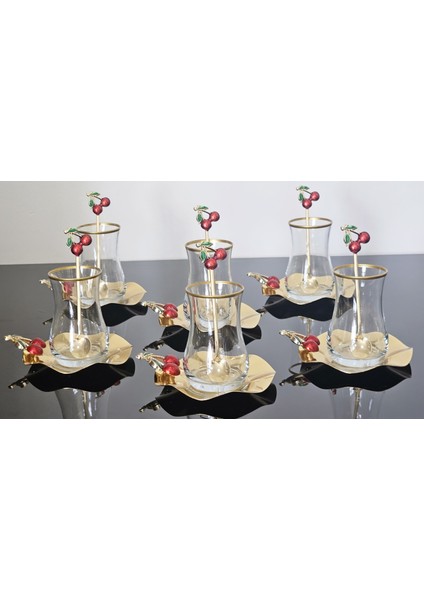 Kirazlı Çay Seti 18 Parça Kiraz Tabak ve Kaşık Özel Kaplama Eva Bardak