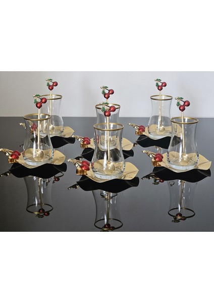 Kirazlı Çay Seti 18 Parça Kiraz Tabak ve Kaşık Özel Kaplama Eva Bardak modelleri
