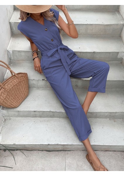 Keten Kadın V Yaka Tek Sıra Düğmeli Kolsuz Tulum LN28LACIVERT2 fiyatları