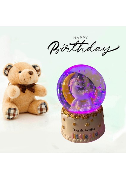 Unicorn Işıklı Kar Küresi Hediyelik & Mini Peluş Ayıcık