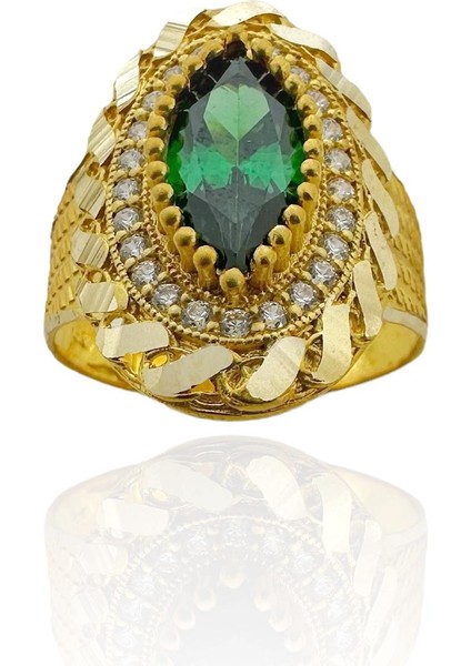 Zümrüt Taşlı Burma Desenli Maraş Işçilik Mekik 8 Ayar Altın Yüzük