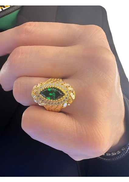 Zümrüt Taşlı Burma Desenli Maraş Işçilik Mekik 8 Ayar Altın Yüzük fiyatları