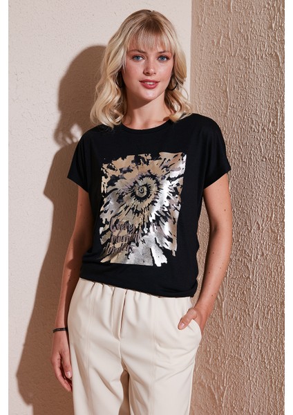 Baskılı Bisiklet Yaka Regular Fit T Shirt Kadın T Shirt 6671001