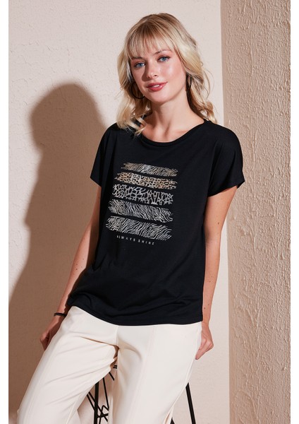 Baskılı Bisiklet Yaka Regular Fit T Shirt Kadın T Shirt 6671003