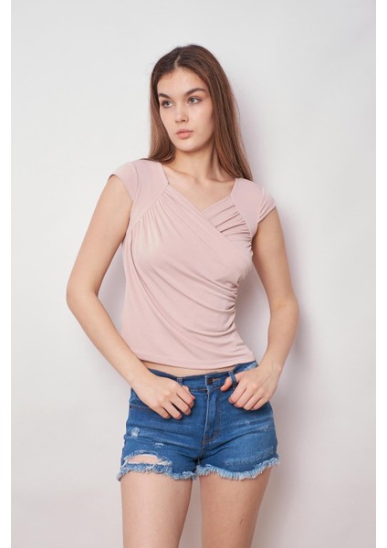 Likralı Şık Krep Kumaş Kruvaze Anvelop Önü Büzgülü Kelebek Kol Body Bluz-Açık Bej modelleri