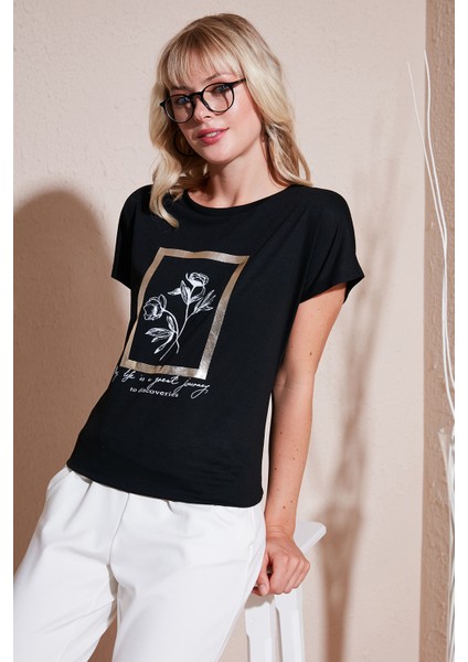 Baskılı Bisiklet Yaka Regular Fit T Shirt Kadın T Shirt 6671006