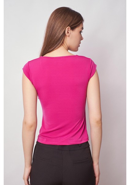 Likralı Şık Krep Kumaş Kruvaze Anvelop Önü Büzgülü Kelebek Kol Body Bluz-Magenta indirimleri