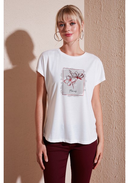 Baskılı Bisiklet Yaka Regular Fit T Shirt Kadın T Shirt 6671002