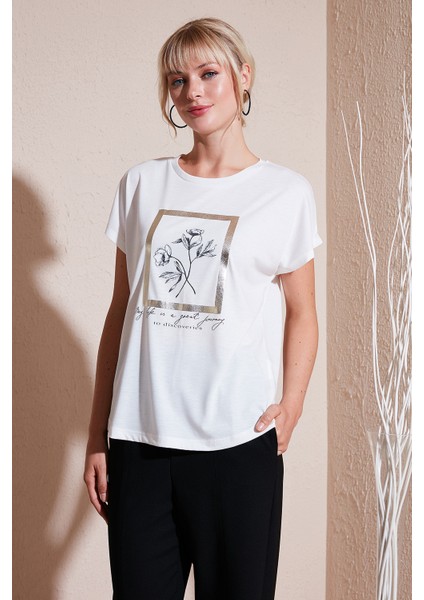 Baskılı Bisiklet Yaka Regular Fit T Shirt Kadın T Shirt 6671006