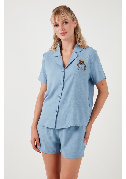 Gömlek Yaka Beli Lastikli Kısa Kollu Şortlu Kadın Pijama Takımı 611PT00065