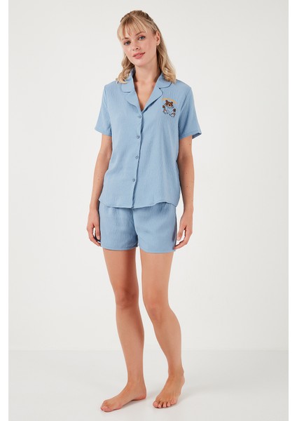 Gömlek Yaka Beli Lastikli Kısa Kollu Şortlu Kadın Pijama Takımı 611PT00065