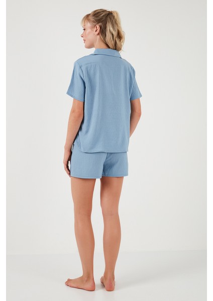 Gömlek Yaka Beli Lastikli Kısa Kollu Şortlu Kadın Pijama Takımı 611PT00065