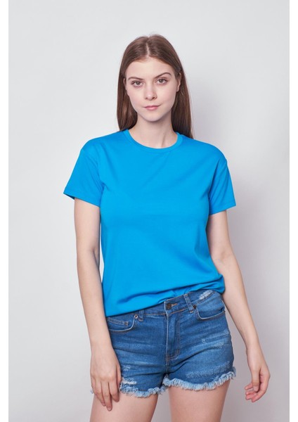 Kadın Sıfır Yaka Kırışmaz Span Karışımlı Şık Kısa Kol Likralı T-Shirt Bluz-Mavi fırsatları