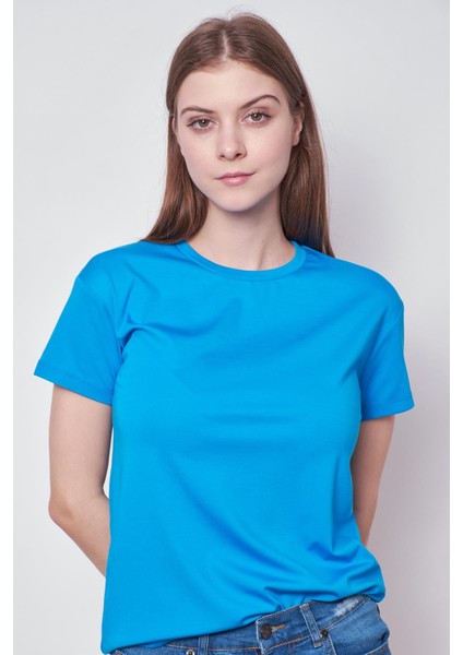 Kadın Sıfır Yaka Kırışmaz Span Karışımlı Şık Kısa Kol Likralı T-Shirt Bluz-Mavi indirimleri