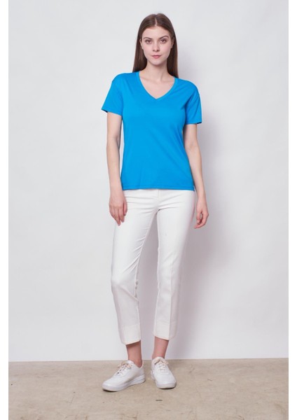 Kadın V Yaka Kısa Kol Likralı Span Kumaş Şık T-Shirt Bluz-Mavi modelleri