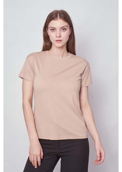 Kadın Sıfır Yaka Kırışmaz Span Karışımlı Şık Kısa Kol Likralı T-shirt Bluz-Koyu Bej modelleri