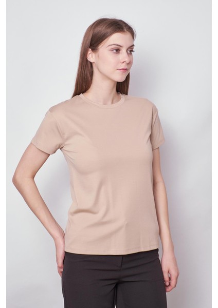 Kadın Sıfır Yaka Kırışmaz Span Karışımlı Şık Kısa Kol Likralı T-shirt Bluz-Koyu Bej fırsatları