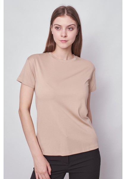 Kadın Sıfır Yaka Kırışmaz Span Karışımlı Şık Kısa Kol Likralı T-shirt Bluz-Koyu Bej indirimleri