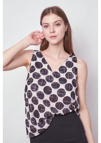 Likrasız Şık Kumaş Desenli Ön Arka V Yaka Kolsuz Ceket İçi Bluz-Bej Puan