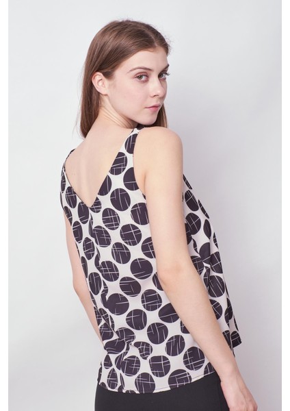 Likrasız Şık Kumaş Desenli Ön Arka V Yaka Kolsuz Ceket İçi Bluz-Bej Puan