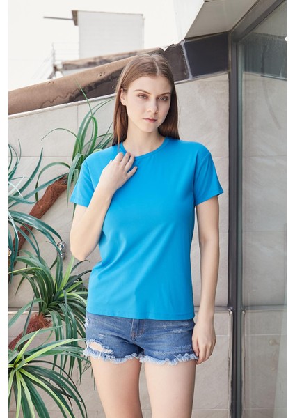 Kadın Sıfır Yaka Kırışmaz Span Karışımlı Şık Kısa Kol Likralı T-Shirt Bluz-Mavi