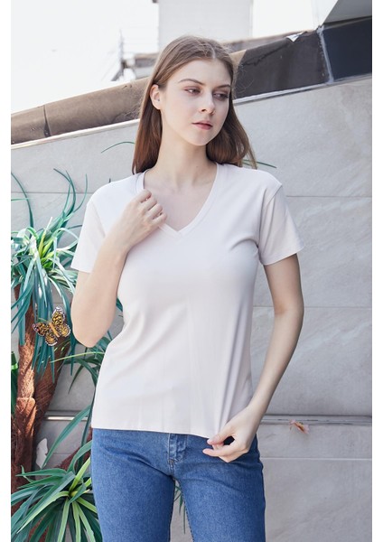 Kadın V Yaka Kısa Kol Likralı Span Kumaş Şık T-Shirt Bluz-Şampanya fiyatları