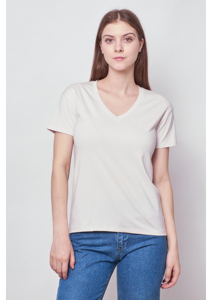 Kadın V Yaka Kısa Kol Likralı Span Kumaş Şık T-Shirt Bluz-Şampanya modelleri