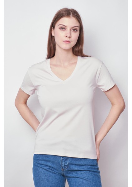 Kadın V Yaka Kısa Kol Likralı Span Kumaş Şık T-Shirt Bluz-Şampanya fırsatları
