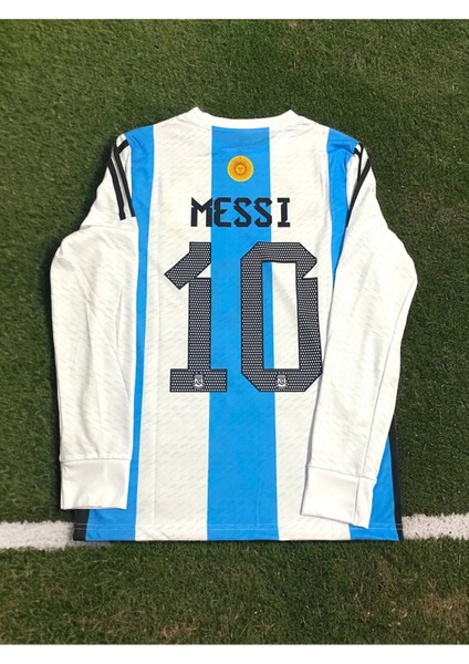 Arjantin Messi Dünya Kupası Mavi Çubuklu Uzun Kollu Yetişkin Futbol Forması 3 Yıldızlı >AFA2104