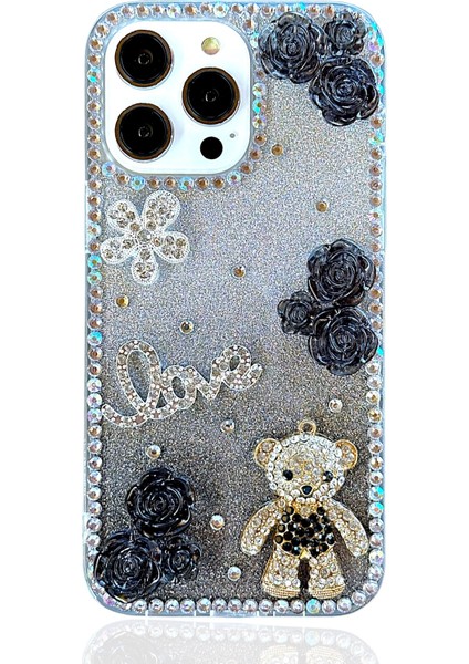 Iphone 15 Pro Uyumlu Kılıf 3D Ayıcık Çiçek Figürlü ve Taşlı Darbe Emici Koruyucu Kılıf