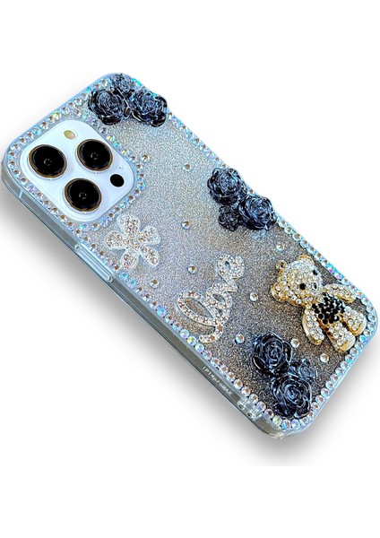 Iphone 15 Pro Uyumlu Kılıf 3D Ayıcık Çiçek Figürlü ve Taşlı Darbe Emici Koruyucu Kılıf