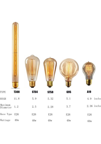 T300 Rustik LED Ampul 8W E27 Duy 2200K Amber Cam Dekoratif Vintage Aydınlatma 30 cm