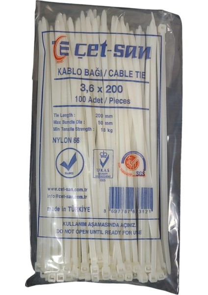 3,6X200 Kablo Bağı Beyaz 100 Adet