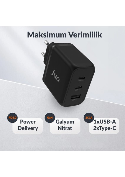 65W Usb-C + Usb-A 3 Portlu Gan Şarj Aleti iPhone & Macbook & Notebook Uyumlu Pd Type-C Hızlı Şarj Cihazı Siyah