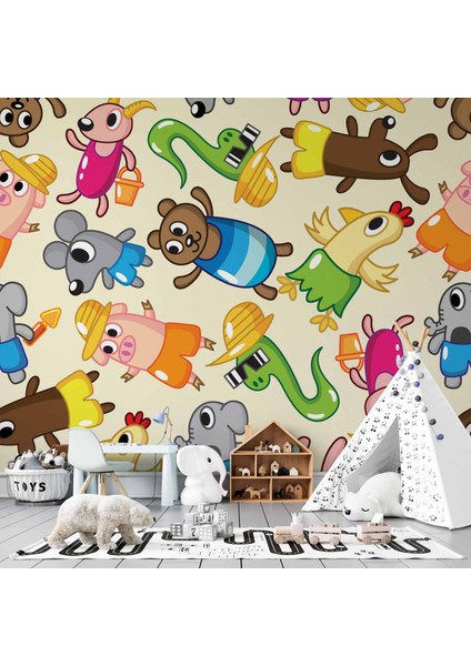 Sevimli Hayvan Figürlü Çocuk Odası Duvar Kağıdı Baskı