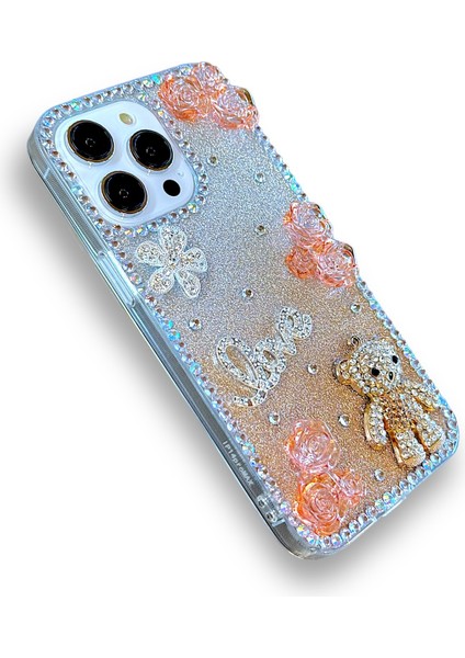 Iphone 15 Pro Uyumlu Kılıf 3D Ayıcık Çiçek Figürlü ve Taşlı Darbe Emici Koruyucu Kılıf