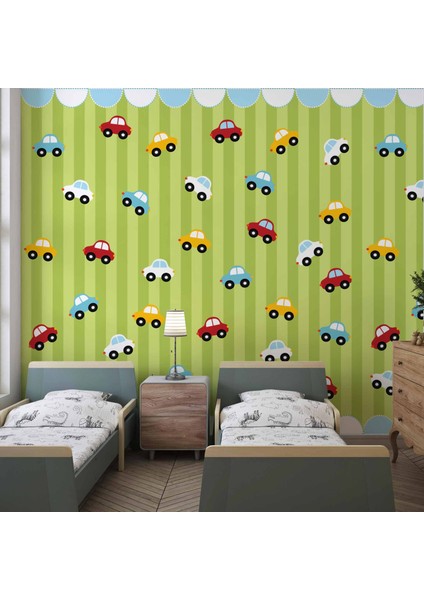 Renkli Arabalar Çocuk Odası Duvar Kağıdı Baskı