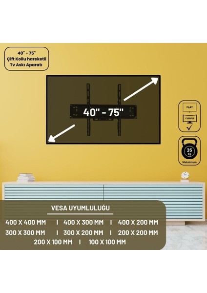 Sharp LC-55CFE6452E Çift Kollu Hareketli Tv Askı Aparatı - Pratik ve Dayanıklı Tv Montajı Için Ideal Çözüm