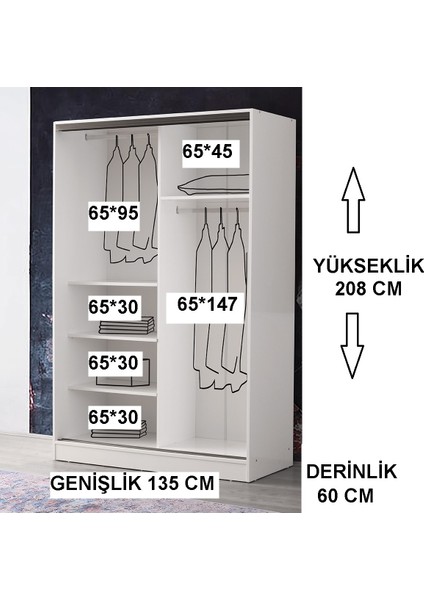 Venüs Sürgülü Gardırop 135 cm Parlak Beyaz