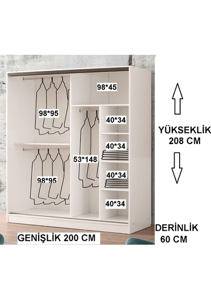 Venüs Sürgülü Gardırop 200 cm - Parlak Beyaz