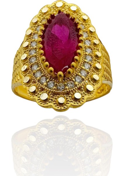 Yakut Taşlı Noktalı Motif Maraş Usulü Mekik 8 Ayar Altın Yüzük