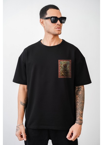 Bisiklet Yaka Önü Ve Arkası Otlantik Kilim Desen Baskılı Oversize Kalıp Unisex T-Shirt